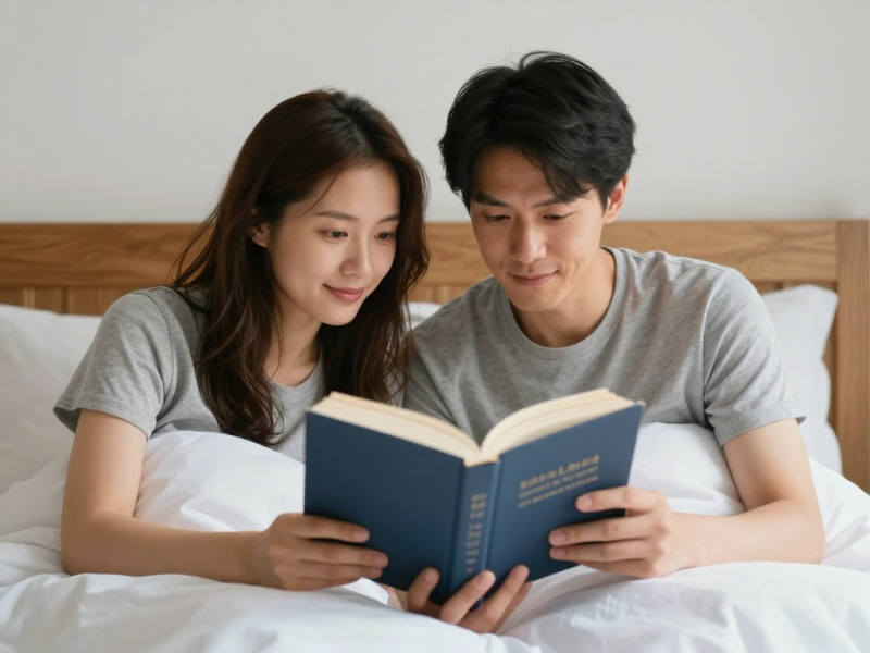 Frau und Mann beim lesen eines Buches im Bett