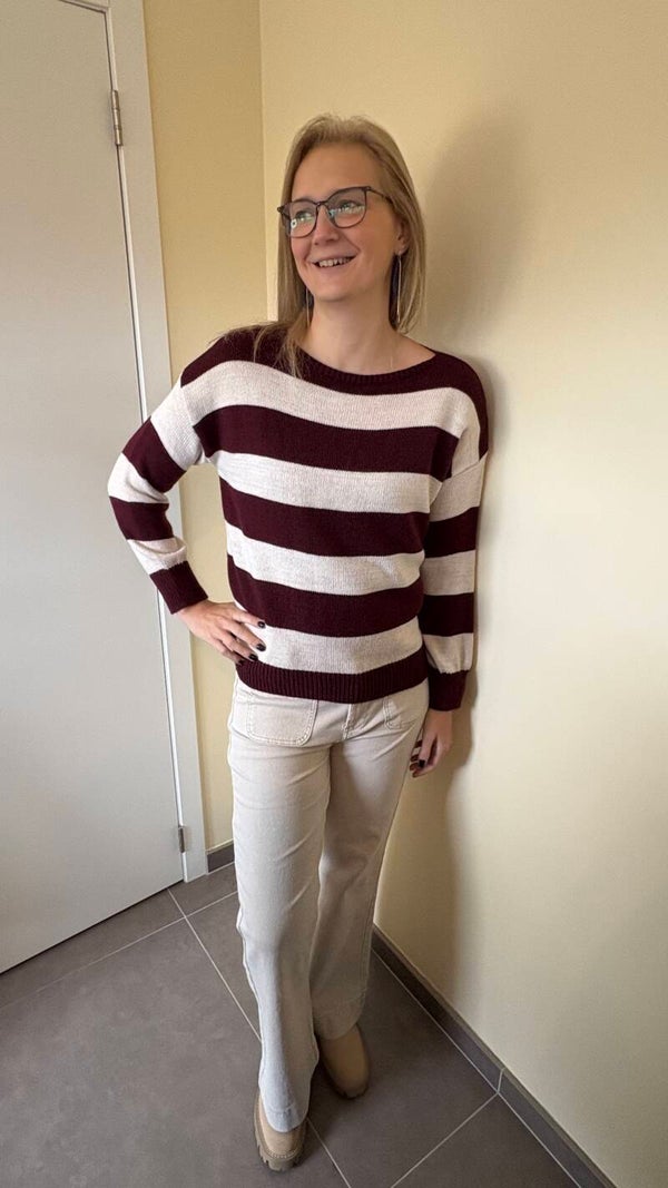 Bordeaux/wit gestreepte pull