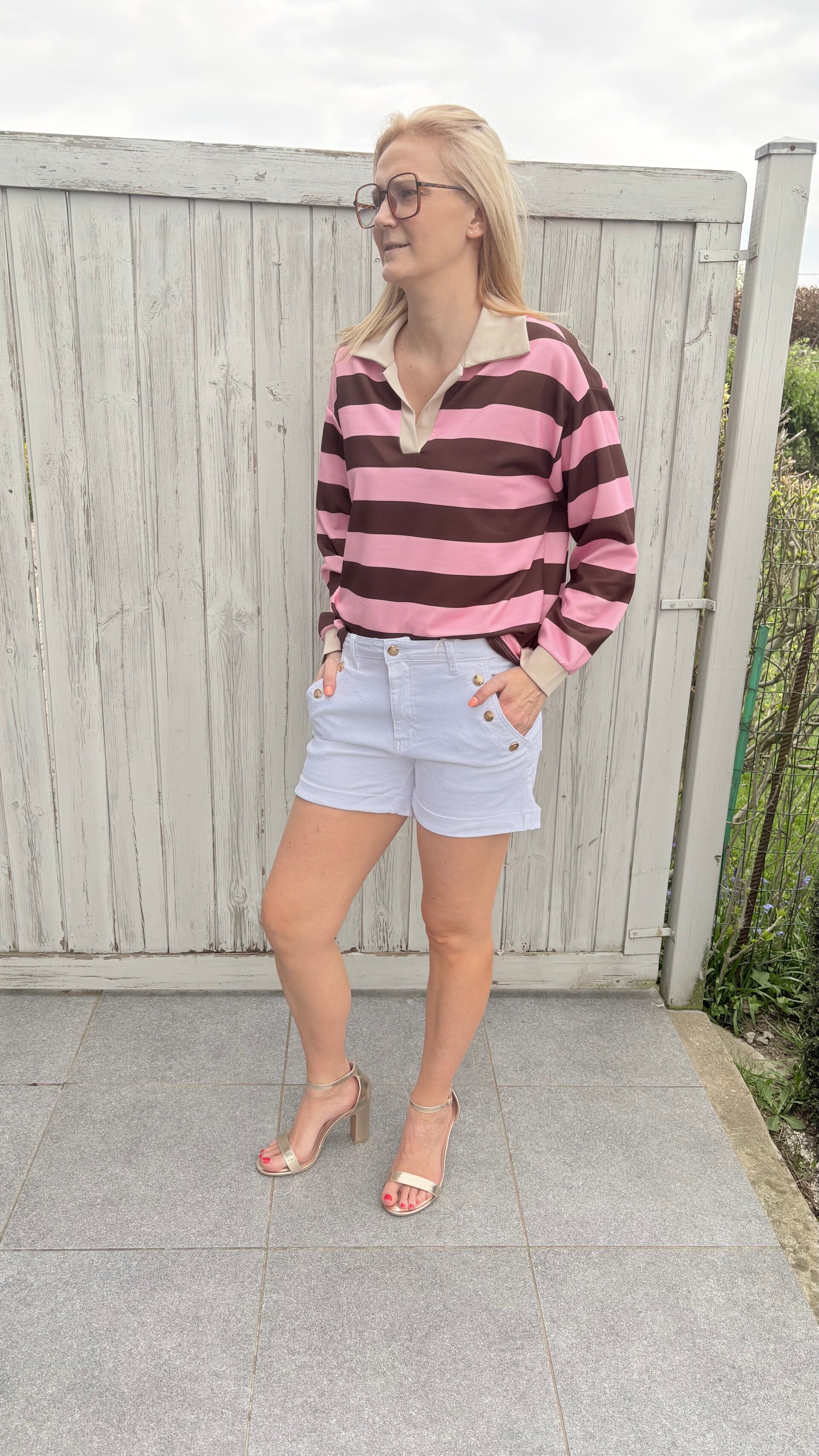 Tshirt (lange mouw) met roze en bruine streep