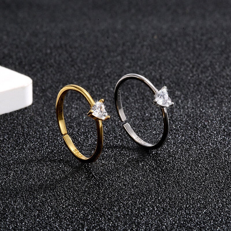 Bague Cœur en Argent Sterling 925 / Plaqué Or 18K – Solitaire Zircon – Ajustable