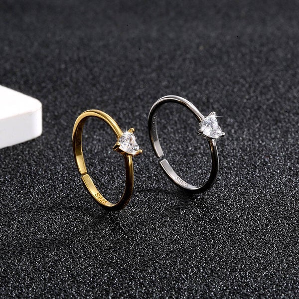 Bague Cœur en Argent Sterling 925 / Plaqué Or 18K – Solitaire Zircon – Ajustable