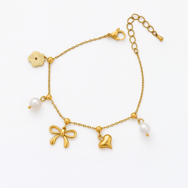 Gold Bow Pearl Charm Bracelet