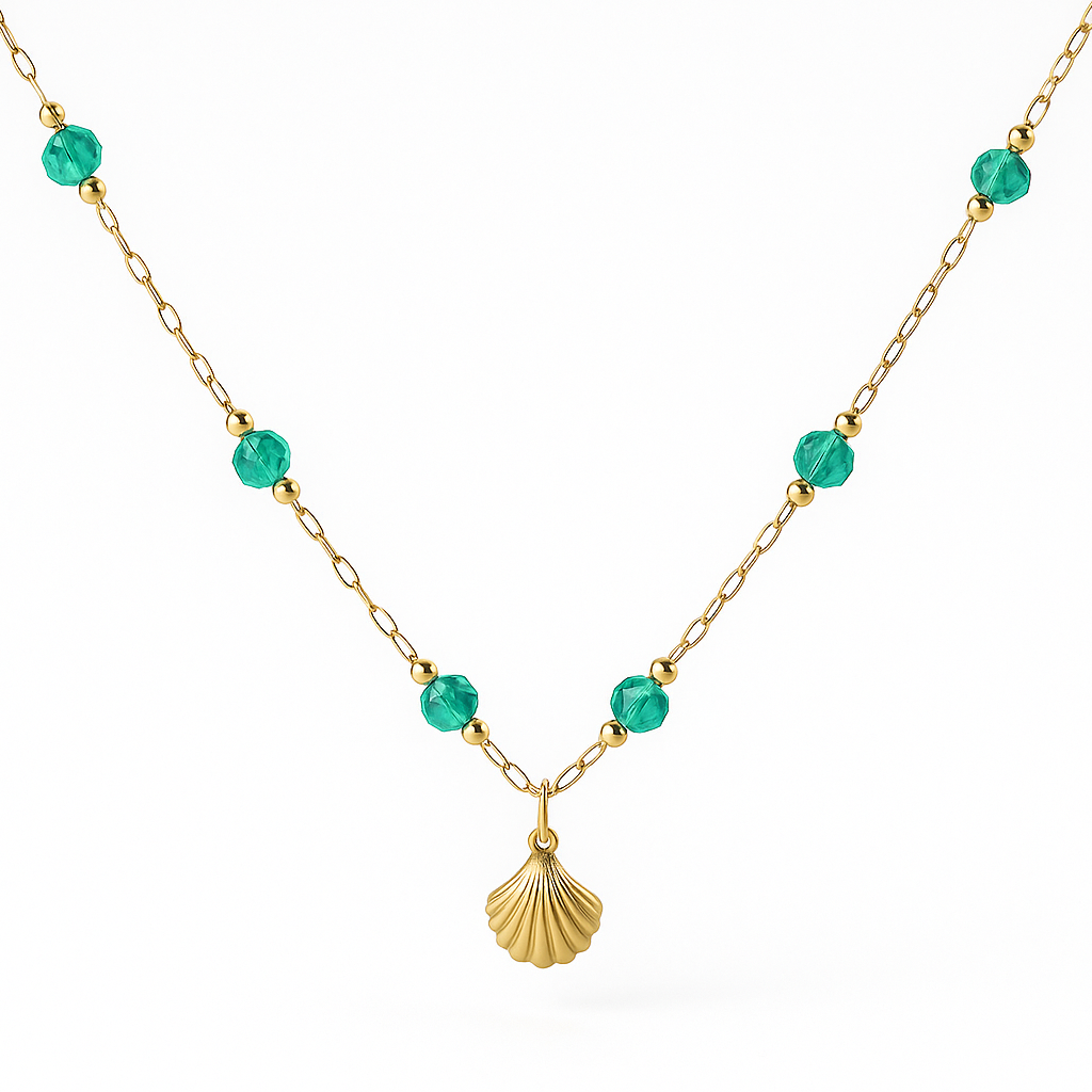 Gold & Green Beaded Shell Necklace