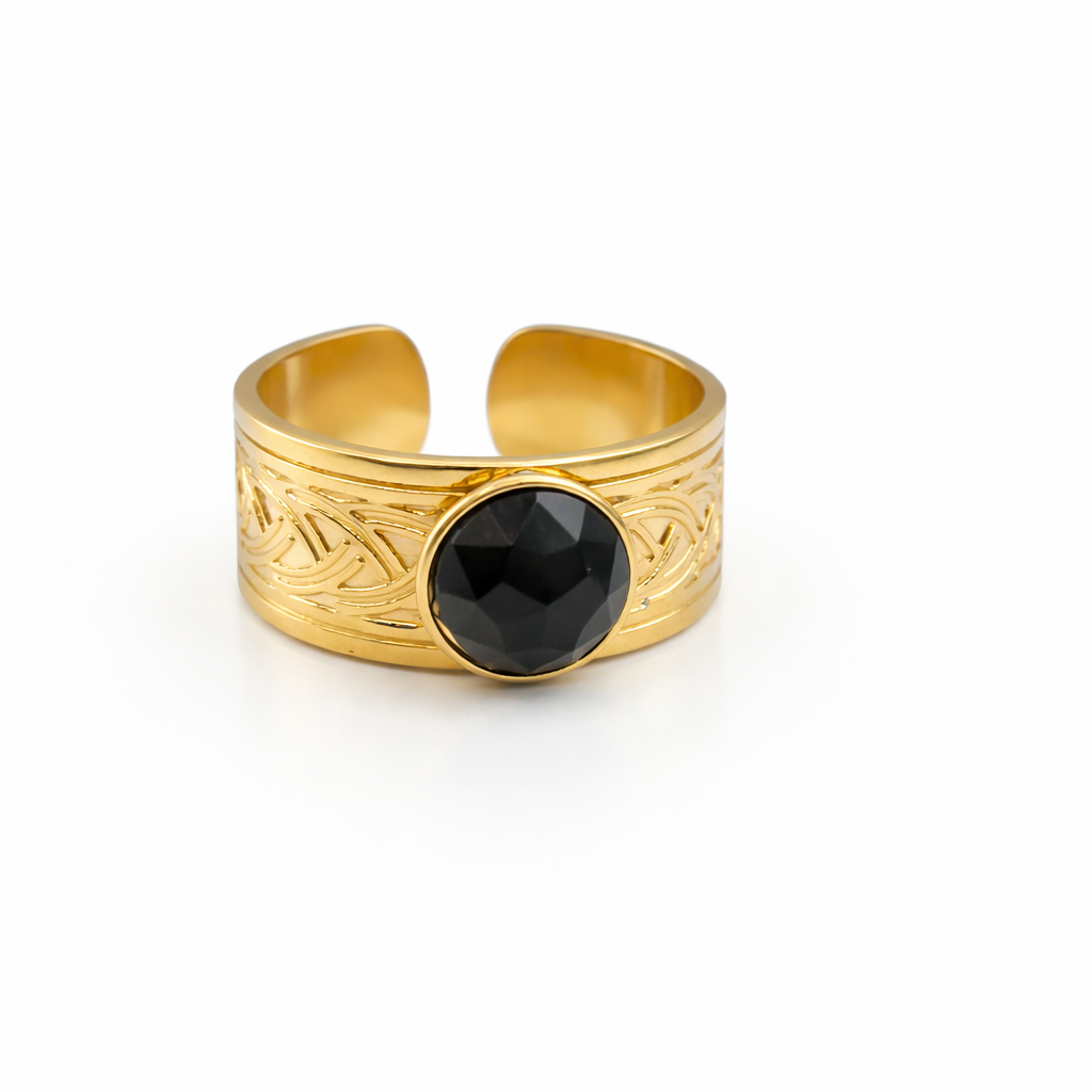 Gold Black Stone Adjustable Textured Ring