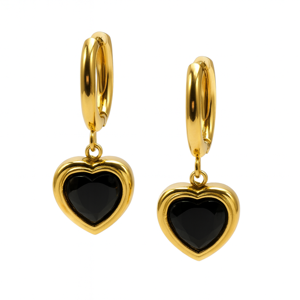 Black & Gold Love Heart Hoops Earrings