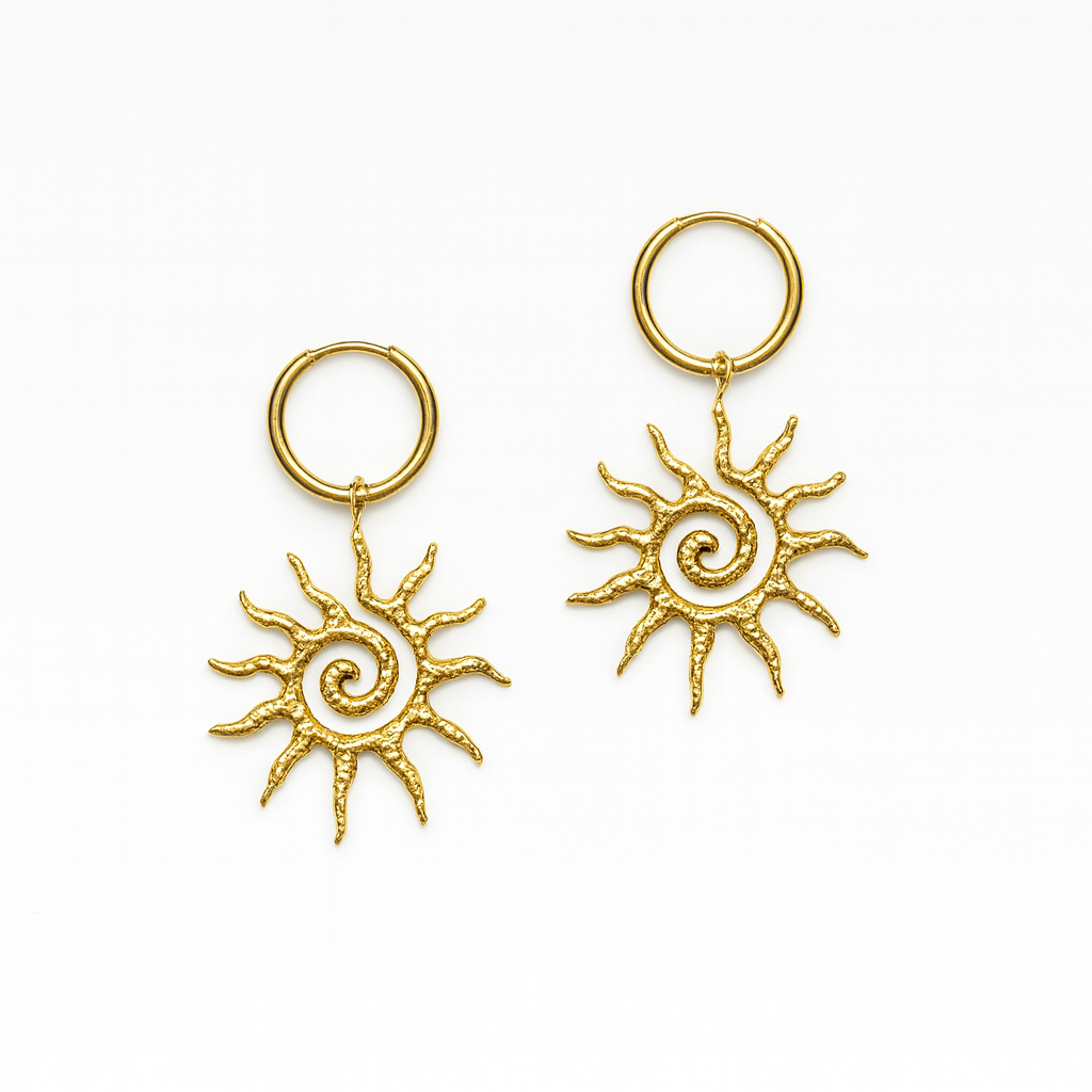 Gold Spiral Sun Hoops Earrings