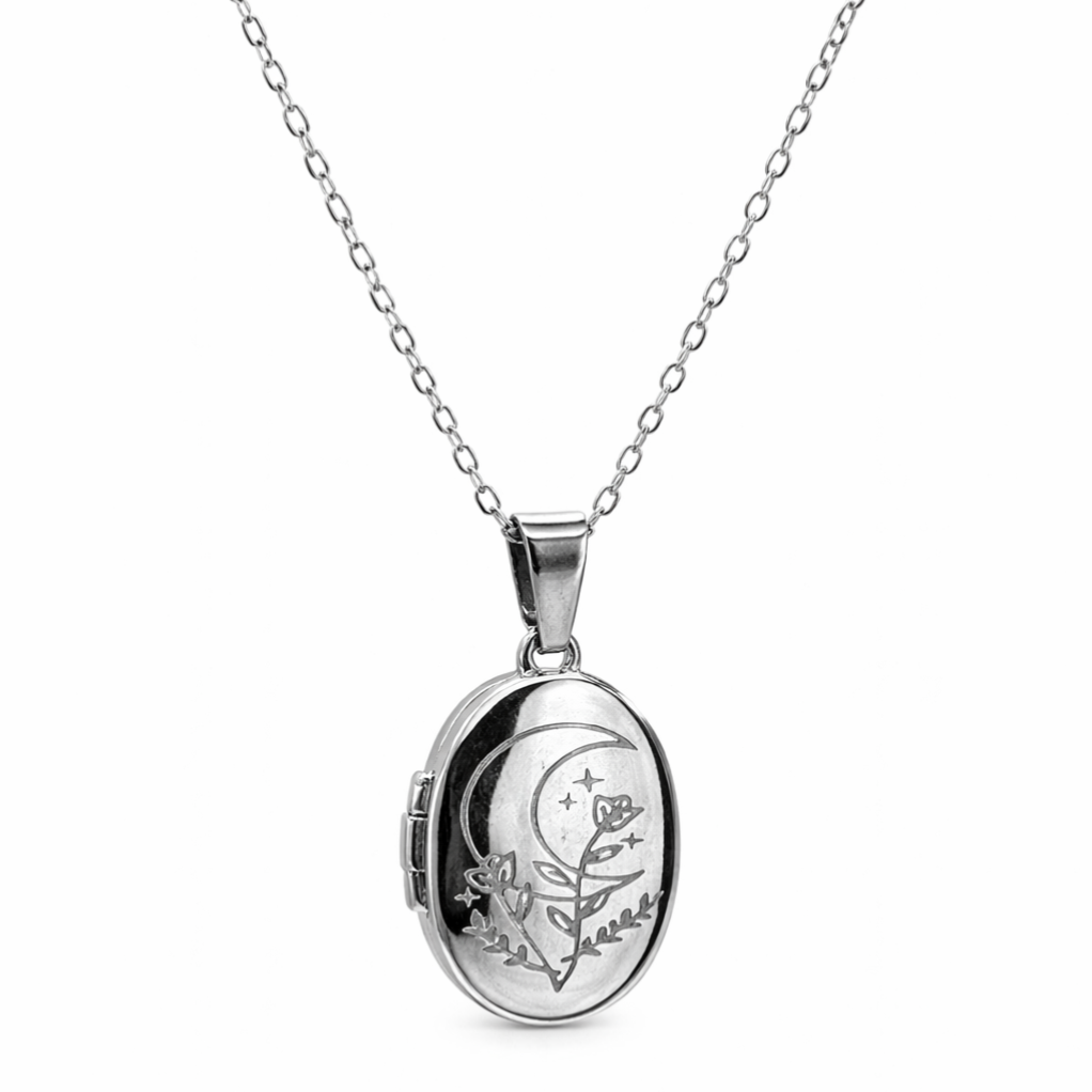 Silver Gold Moon Flowers Locket Necklace