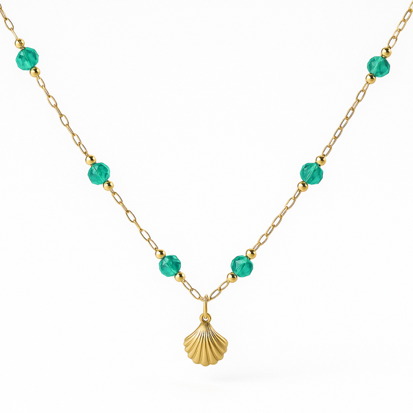Gold & Green Beaded Shell Necklace
