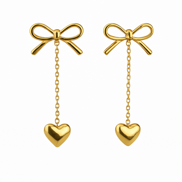 Gold Bow Heart Drop Studs Earrings