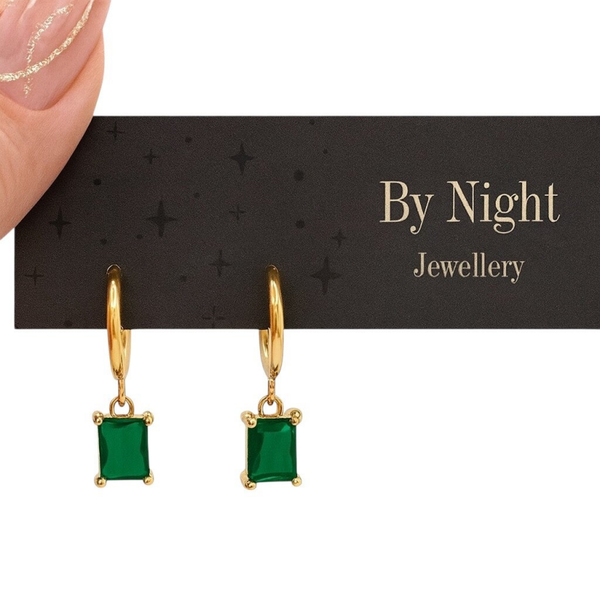 Gold Black Green Zircon Dangle Hoops
