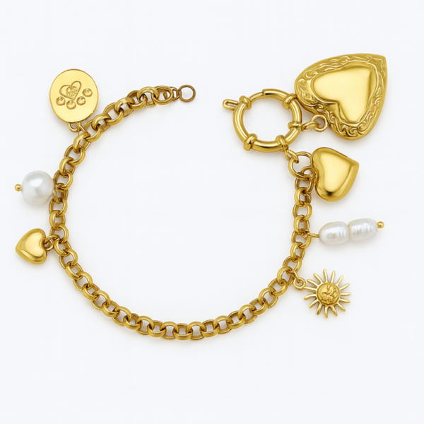 Gold Heart Locket Sun Pearl Charm Bracelet