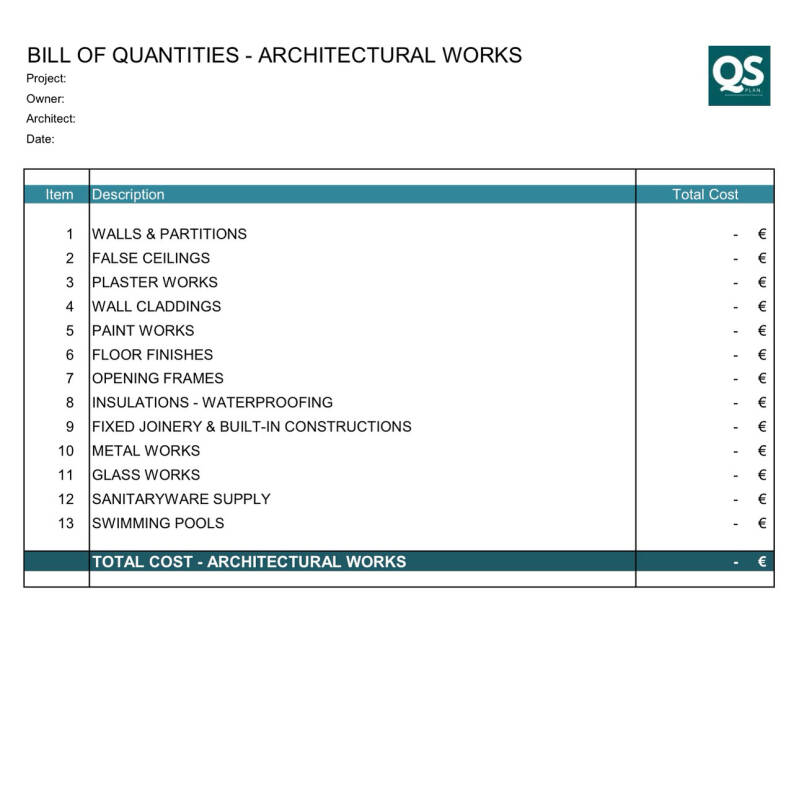 QS Plan - Bill of Quantities