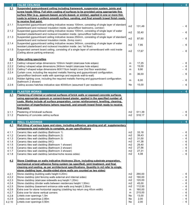 QS Plan - Bill of Quantities