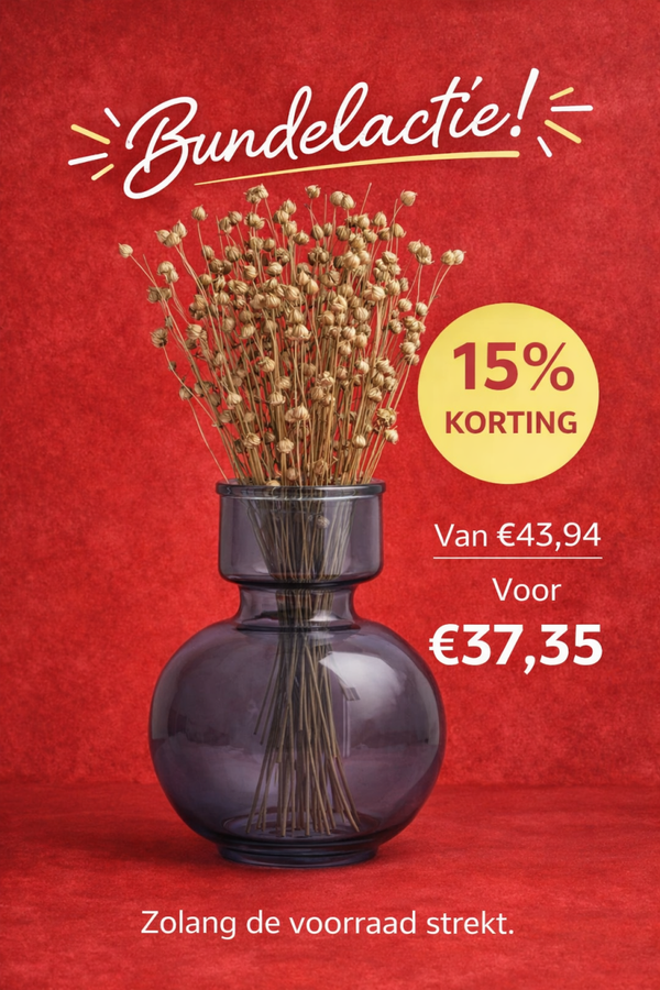 Rookglas Vaas + Linum Droogbloemen – Bundel met 15% korting