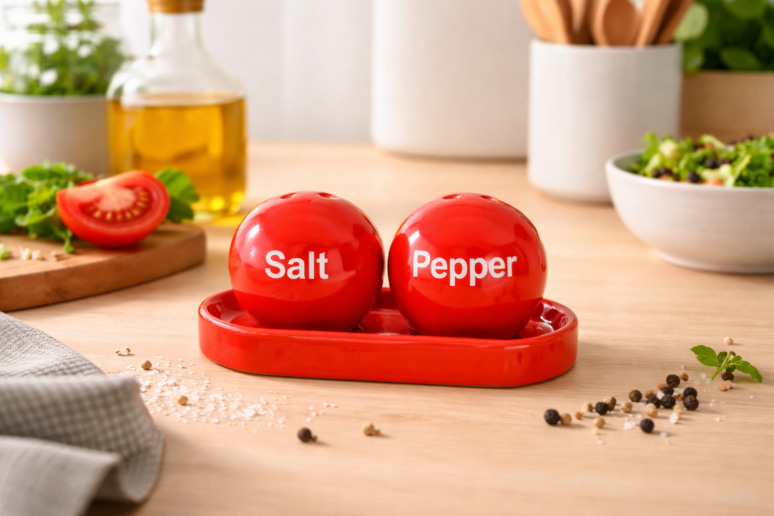 Zout- en Peper stel – rond design met schaaltje