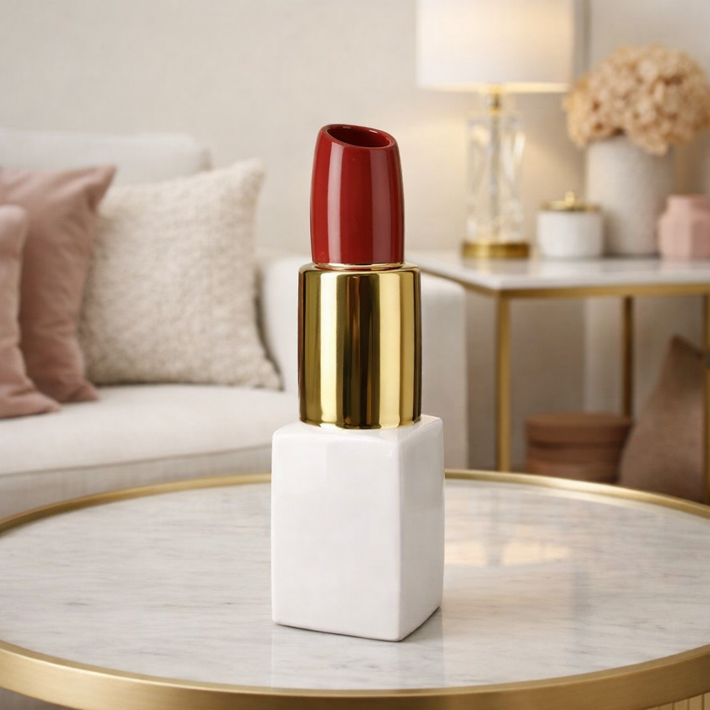 Lippenstift vaas  - keramiek -  wit goud rood | De Woonbiotoop