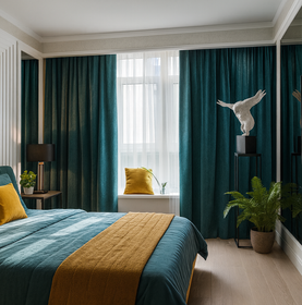 Moderne slaapkamer met blauw/groene gordijnen en mosterdgele accenten en witte muren en plafond