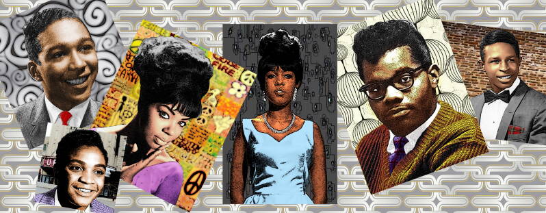 Collage of soul portraits featuring Mary Well, Eddie Holland, Jackie Wilson, Mary Wilson, Walter Jackson and Garnet Mimms