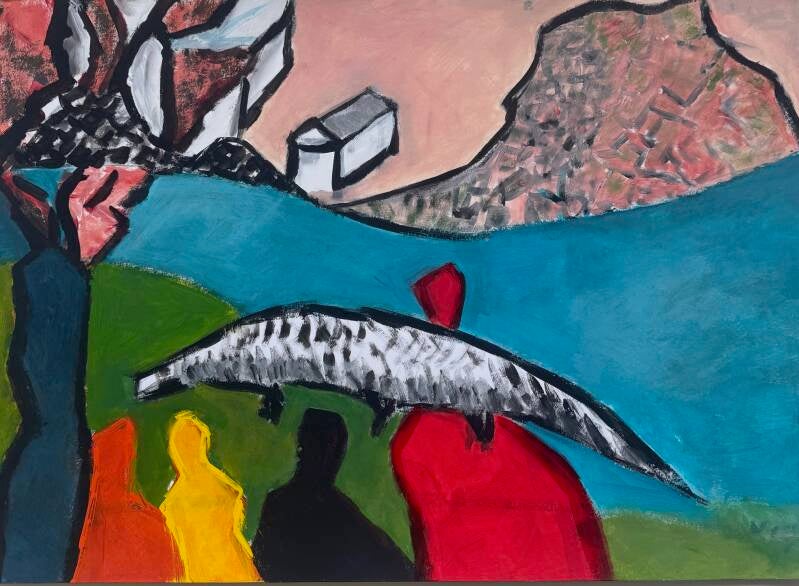 Krokodil - acryl op papier 50 x 70 cm 
