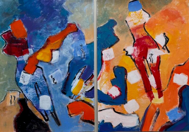 Dagje Strand - tweeluik acryl op papier 70 x 100 cm 