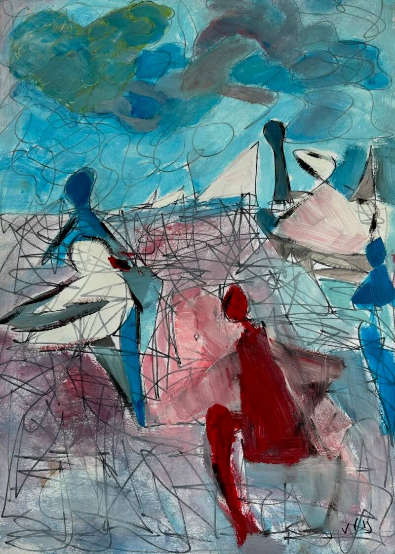 Havenzicht - acryl op papier 70 x 50 cm 