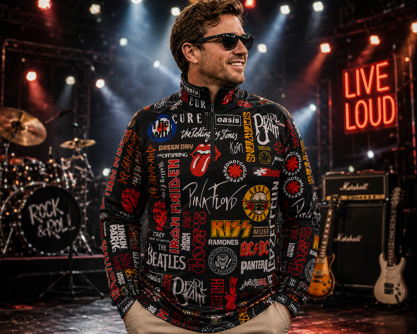 Mens Raglan Long Sleeve Shirt Bands Print