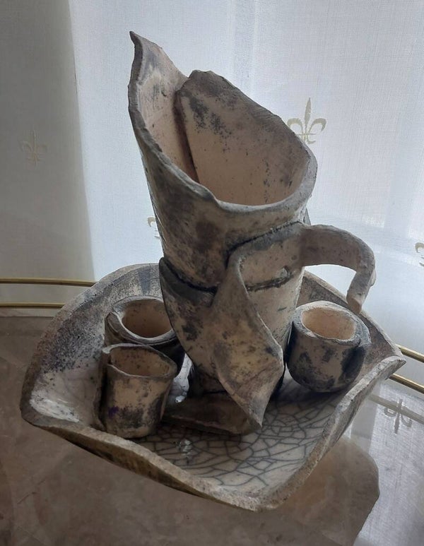 Set Caraffa , vassoio e 2 tazzine in tecnica Raku