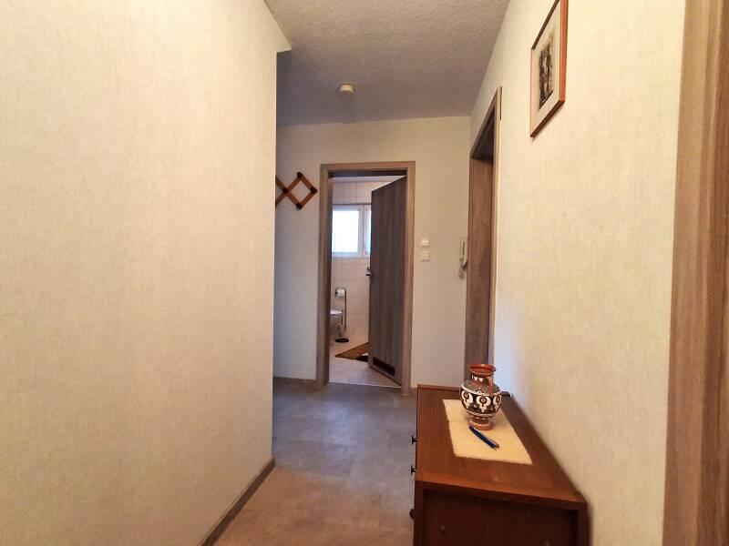 Der Flur mit Gardarobe, kleinem Schrank und Blick in das Tageslichtbad mit Standupdusche
