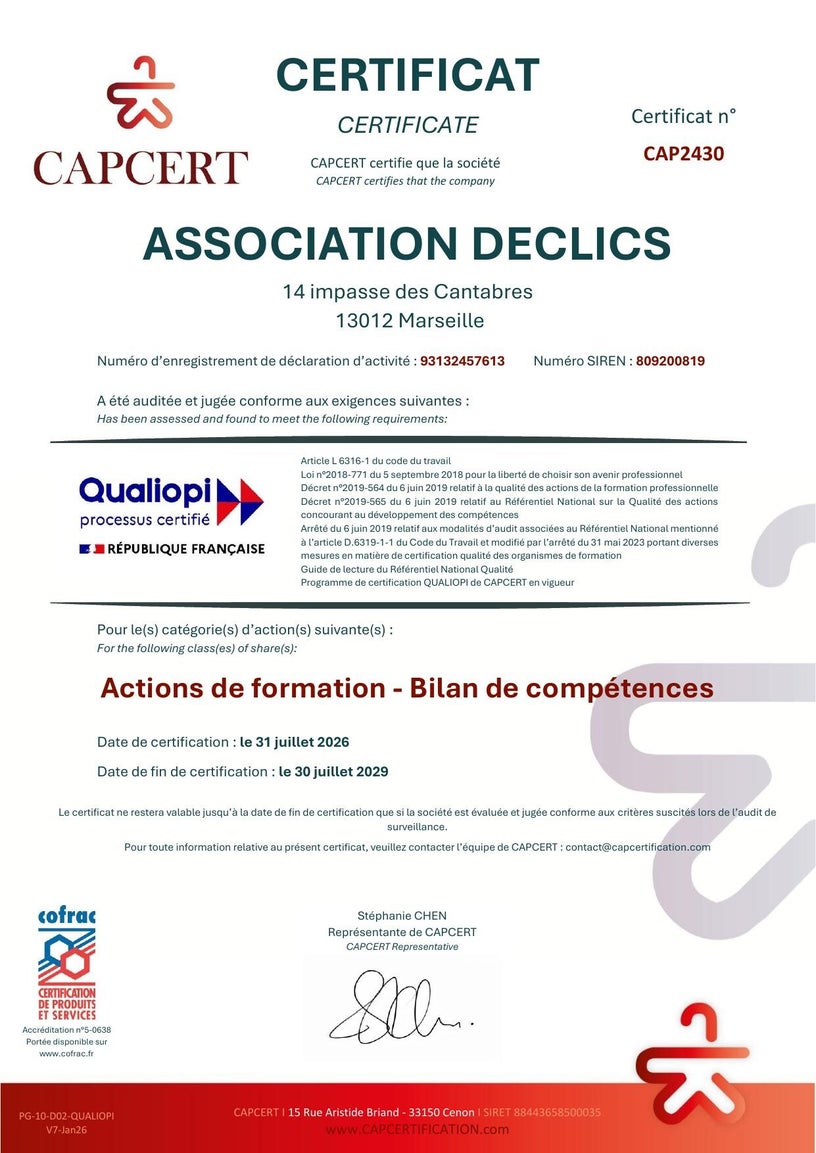 Certificat Qualiopi CAP2430 — Association DECLICS