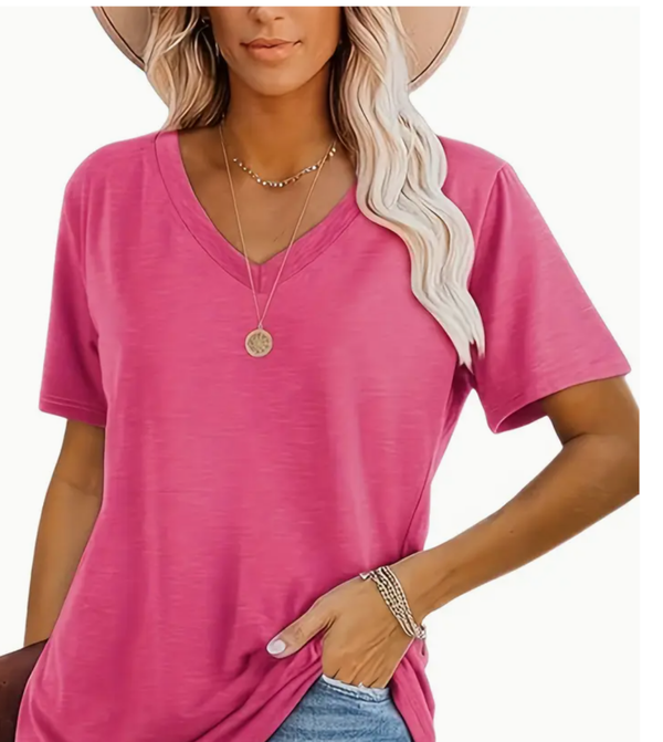 Women'S 3pcs V-Neck Short Sleeve T-Shirts - Casual Loose Fit, Solid Colors (Black, Blue, Pink), Soft Polyester Blend, Machine Washable, All-Season Comfor