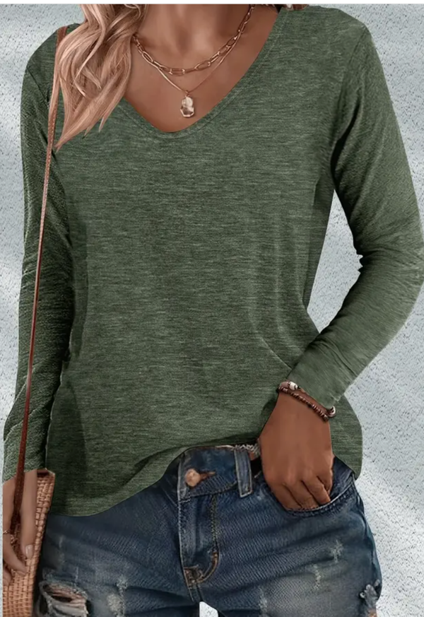3pcs Women'S V-Neck Long Sleeve T-Shirts - Soft Stretchy Casual Tops in Olive Green, Dark Blue & Pink, Regular Fit All-Season Layering Essentials for Casual Attire, Versatile Clothing | Vneck Tshirt | Medium Elasticity, Ladies T Shirts, Long Sleeve Top/ts