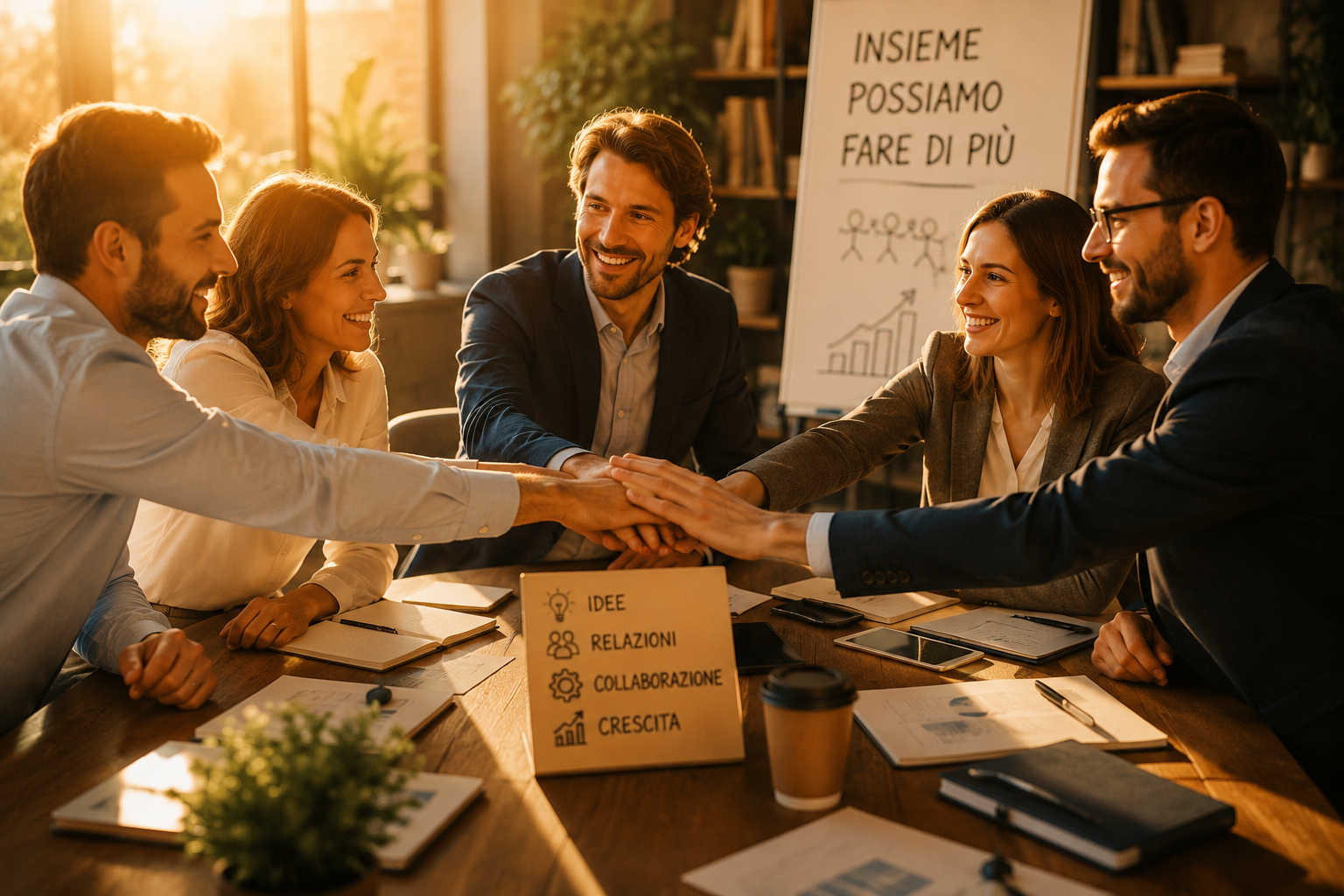 Professionisti riuniti a un tavolo con le mani sovrapposte per rappresentare collaborazione, partnership e sviluppo di progetti condivisi