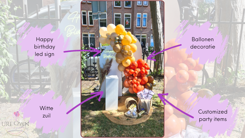 Happy birthday led sign, zuilen, ballonen decoratie