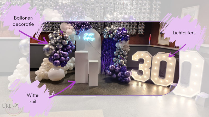 Witte zuilen, lichtcijfers, led sign, ballonen decoratie