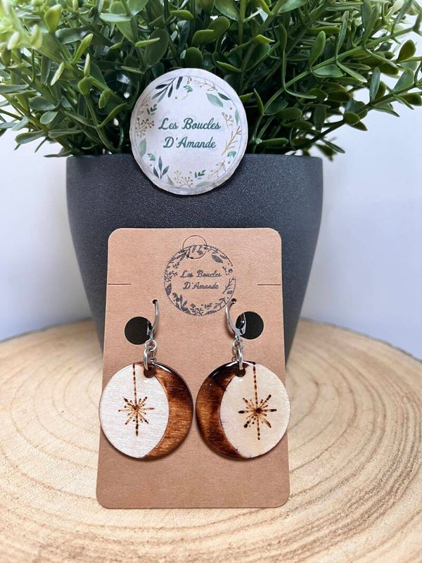 Boucles bois étoile sous la lune - argenté