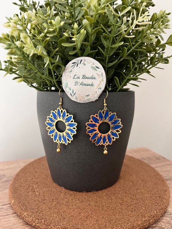 Boucles fleurs bleutée dorée