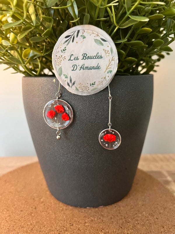 Boucle florale asymétrique coquelicot argenté version 2