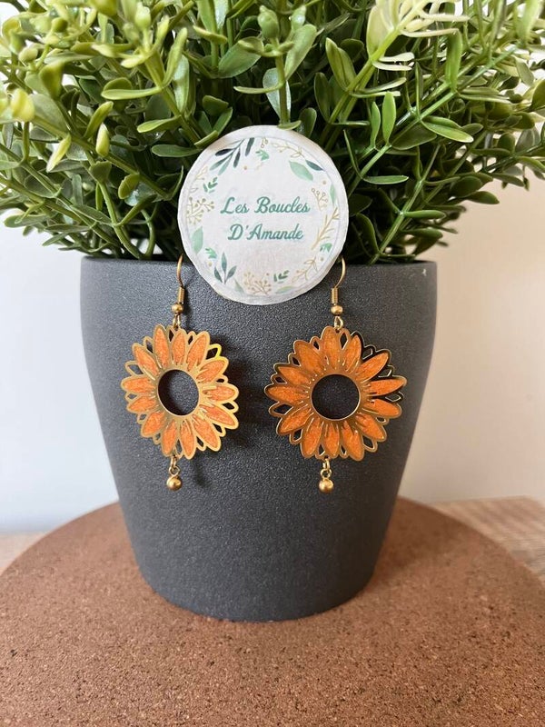 Boucles fleur orange doré acier inox