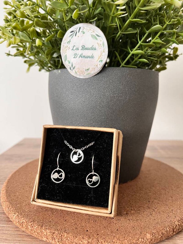 Ensemble collier et boucles cœur argenté
