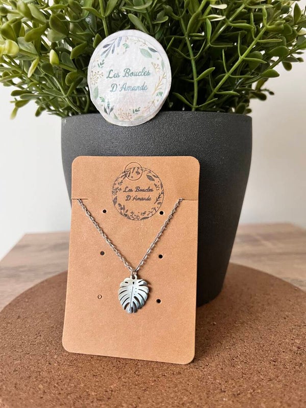 Collier feuille monstera argenté