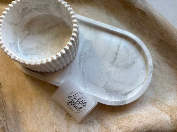 Marble Vanity Tray and Ribbed Pot Set