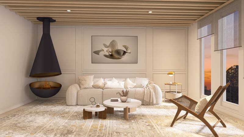 Color arena, pintura de pared, detalles en negro, madera y tela suave. Color de acento blanco, moderno, aesthetic, elegante, boho