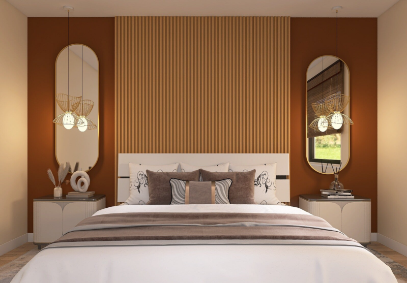 Colores de tonos tierra, como terracota, dormitorio boho, moderno.