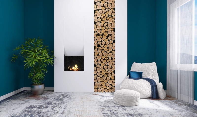Área de chimenea azul marino y blanco, con detalles en madera, moderno y aesthetic 