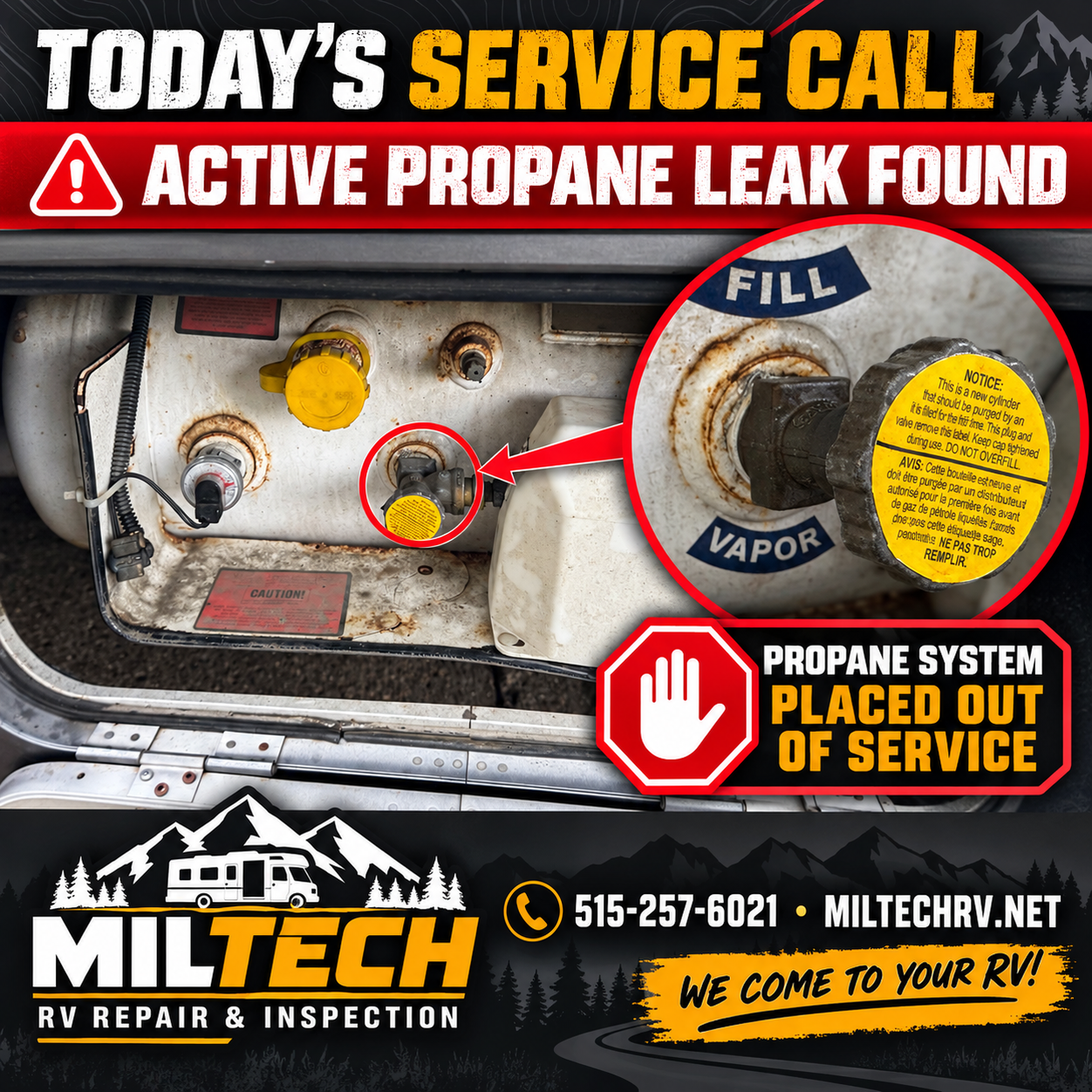 RV propane valve leak service call