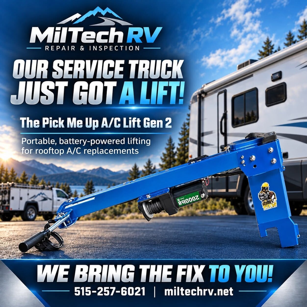 Pick Me Up A/C Lift Gen 2 used by MilTech RV for rooftop RV air conditioner service and replacement