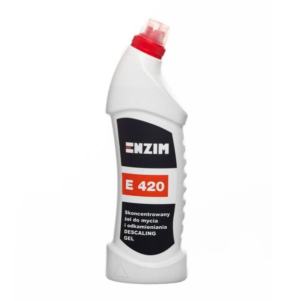 **Enzim E 420 Entkalkungs-Gel für WC – 750 ml**  **Enzim E 420 Descaling Toilet Gel** ist ein hochkonzentrierter Gelreiniger für die tägliche Reinigung von Toiletten, Waschbecken, Urinalen, Bidets und Badarmaturen.  Das Produkt entfernt zuverlässig:  * Ka