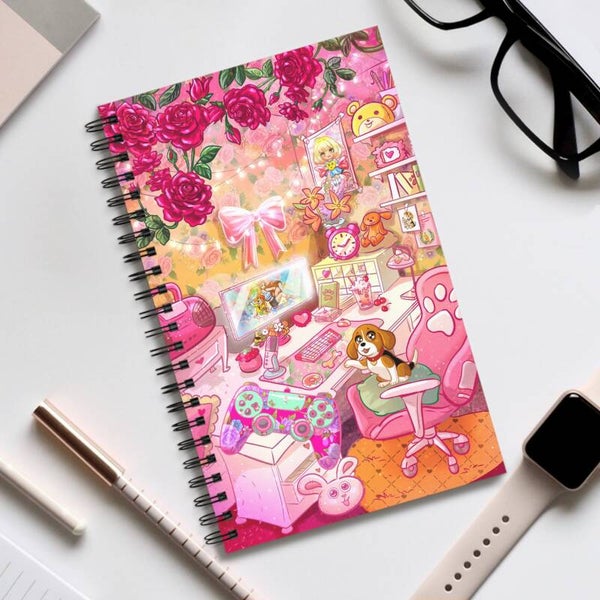 Cute Gamer Room dog illustration Spiral Journal | Pink Floral Desk Notebook