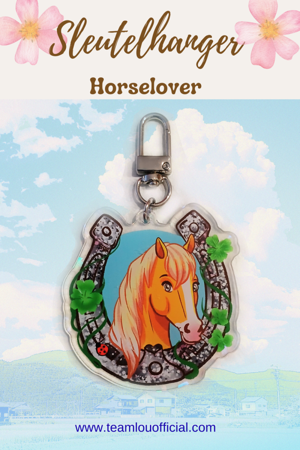 Acryl Sleutelhanger Paard – Schattige Palomino Geluksbrenger met Hoefijzer & Klavertje Vier
