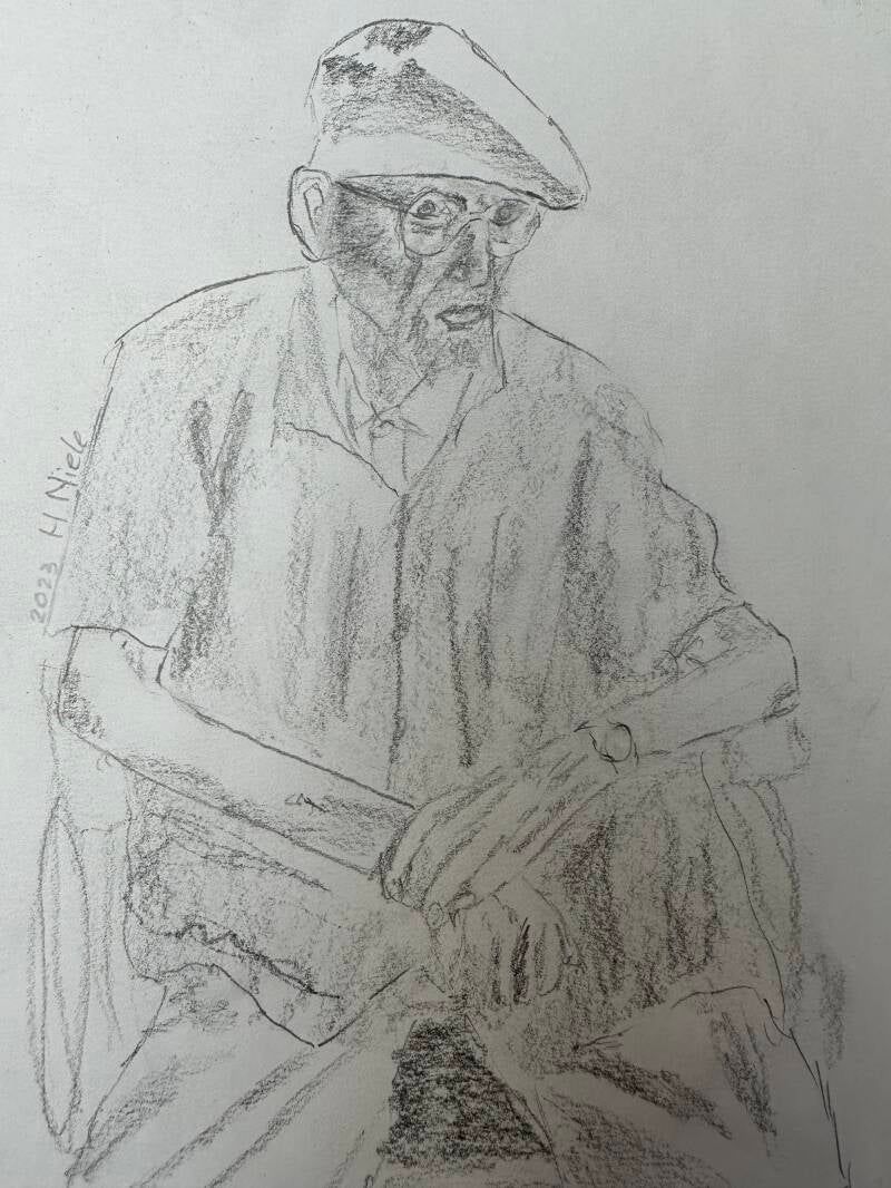 Tekening van Heleen Niele; oude magere ma met artistiek pet.